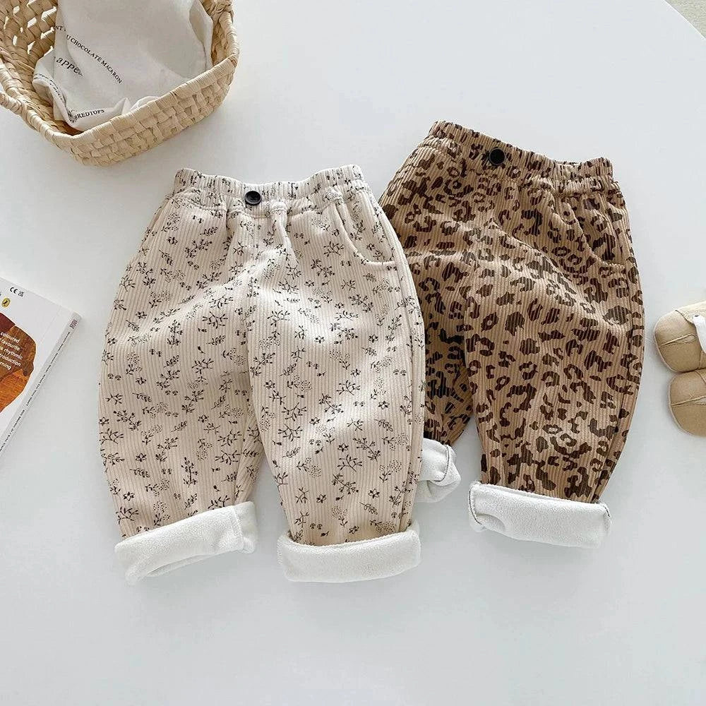 MILANCEL 1-5Y Autumn Kids Baby Pants Thicken Fleece Lining Floral Girls Trousers Warm Fashion Leopard Print Boys Pants Outwear - Masuh best bargains 