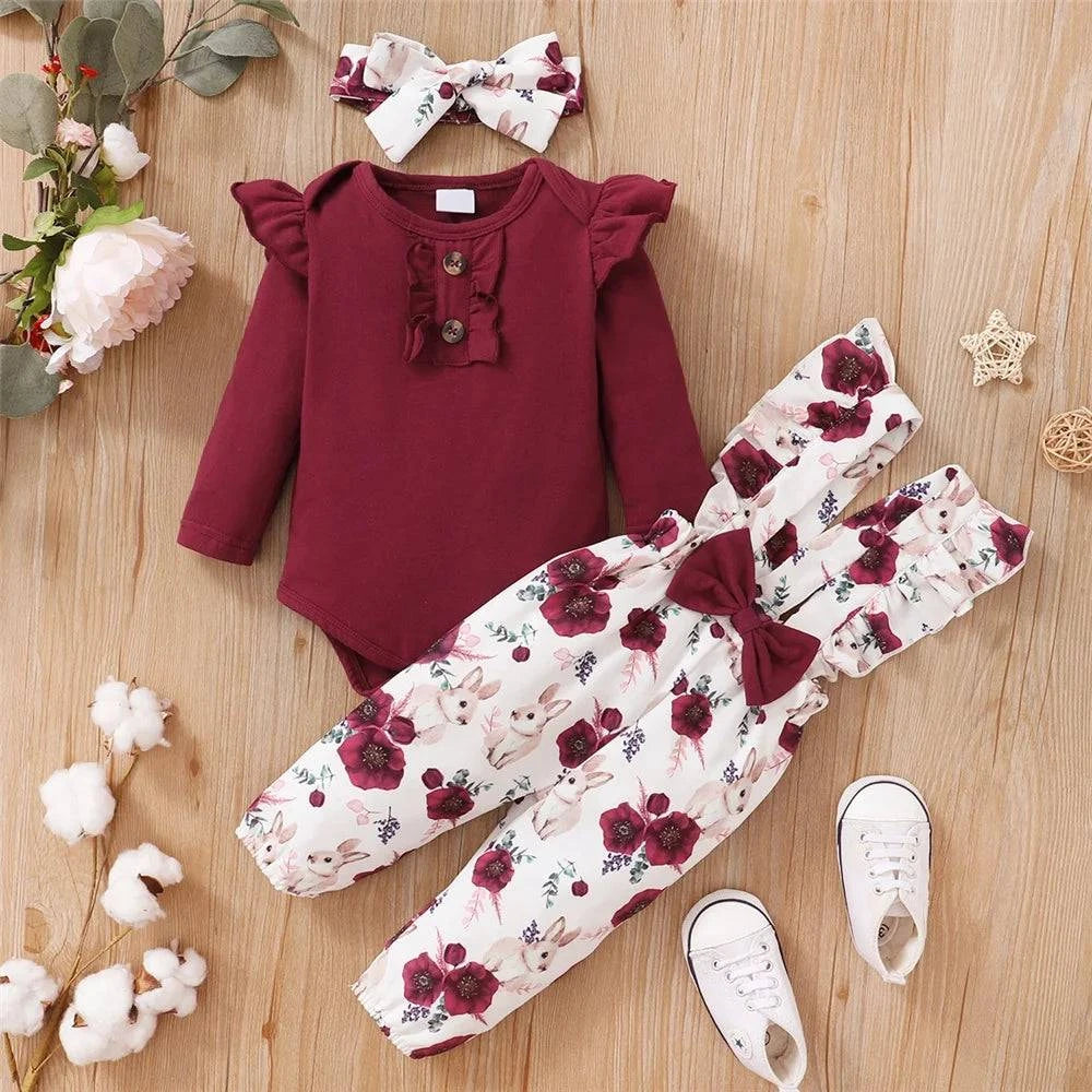 Kids Clothes Set Red Color Long Sleevs Bodysuit + Flower Strap Pants 2PCS Clothing Suit - Masuh best bargains 