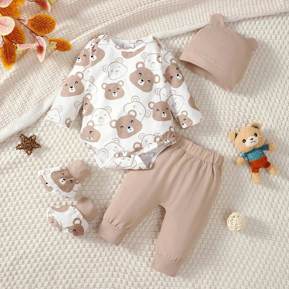 4PCS Clothing Set Newborn Baby Boy Bear Short Sleeve Romper+Pants+Hat+Socks - Masuh best bargains 