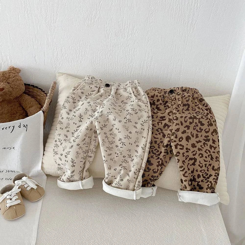 MILANCEL 1-5Y Autumn Kids Baby Pants Thicken Fleece Lining Floral Girls Trousers Warm Fashion Leopard Print Boys Pants Outwear - Masuh best bargains 