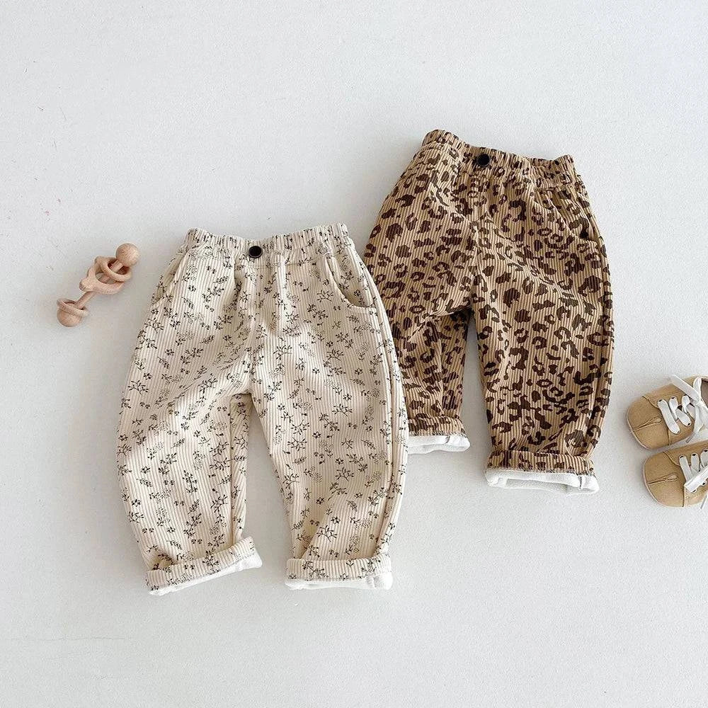 MILANCEL 1-5Y Autumn Kids Baby Pants Thicken Fleece Lining Floral Girls Trousers Warm Fashion Leopard Print Boys Pants Outwear - Masuh best bargains 