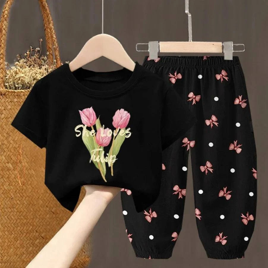 Summer Sets Children's Clothing Girls Kids Toddler Clothes Cute Fashion T-shirt Top Pants 2PCS Baby Girl Clothes - Masuh best bargains 