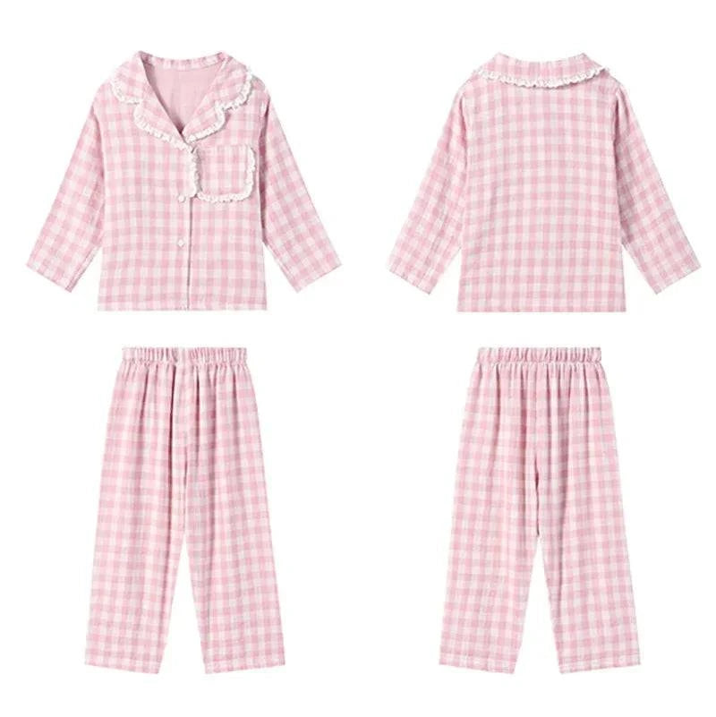 Girl's Turndown Collar Pink Plaid Pajama Sets Cute Kid Vintage Toddler Kid‘s Pyjamas Set Sleep Loungewear Children’s Clothing - Masuh best bargains 