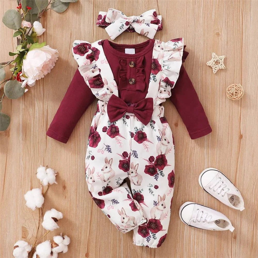 Kids Clothes Set Red Color Long Sleevs Bodysuit + Flower Strap Pants 2PCS Clothing Suit - Masuh best bargains 