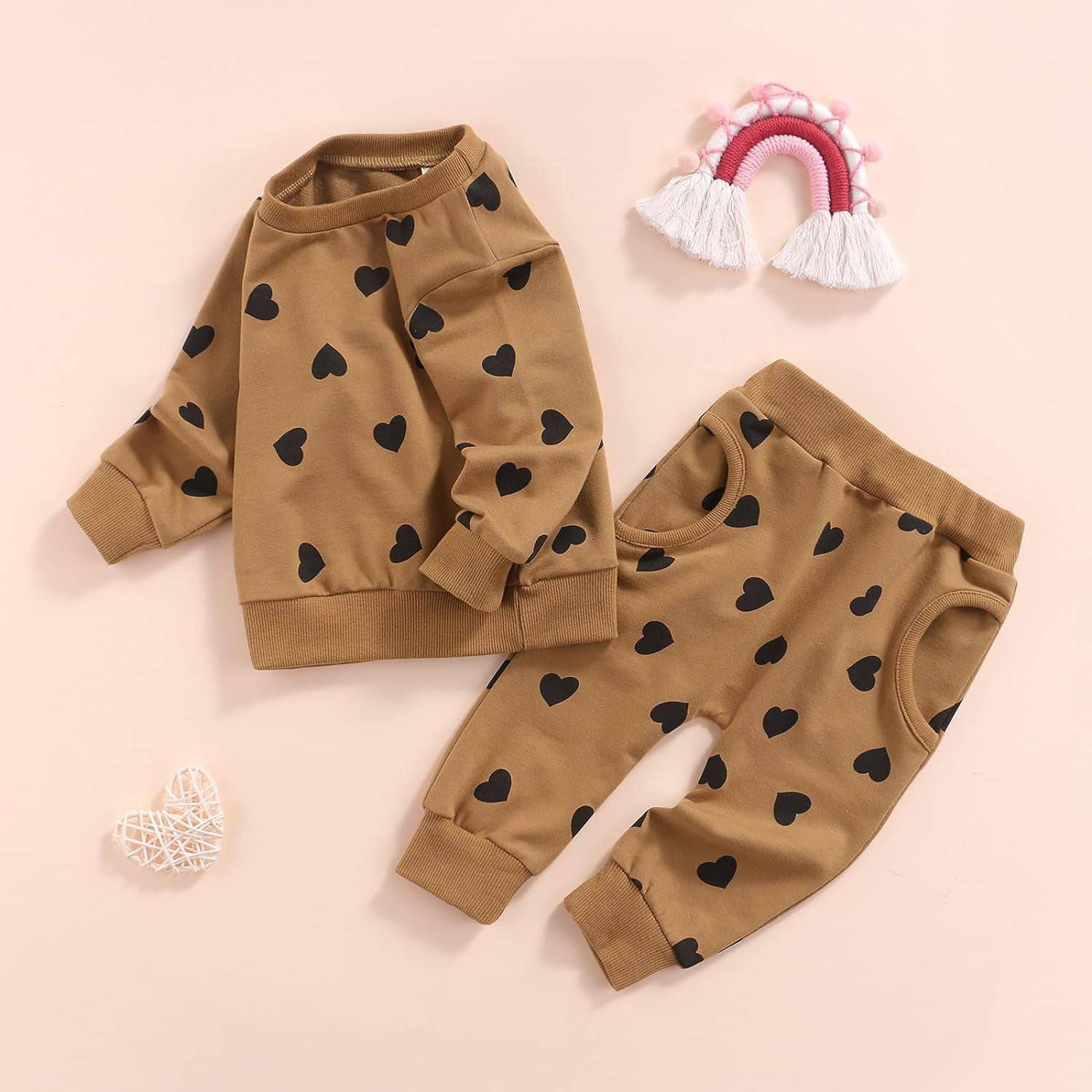 Newborn Baby Girl Long Sleeve Pullover Floral Sweatshirt Long Pant Outfits Autumn Winter Clothes (Love Heart, 6-12 Months)