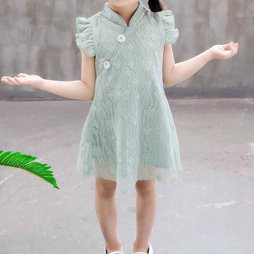 Green Summer Girls' Dress Ruffle Sleeve Chinese Style Cheongsam Dress Lace Princess Dress - Masuh best bargains 