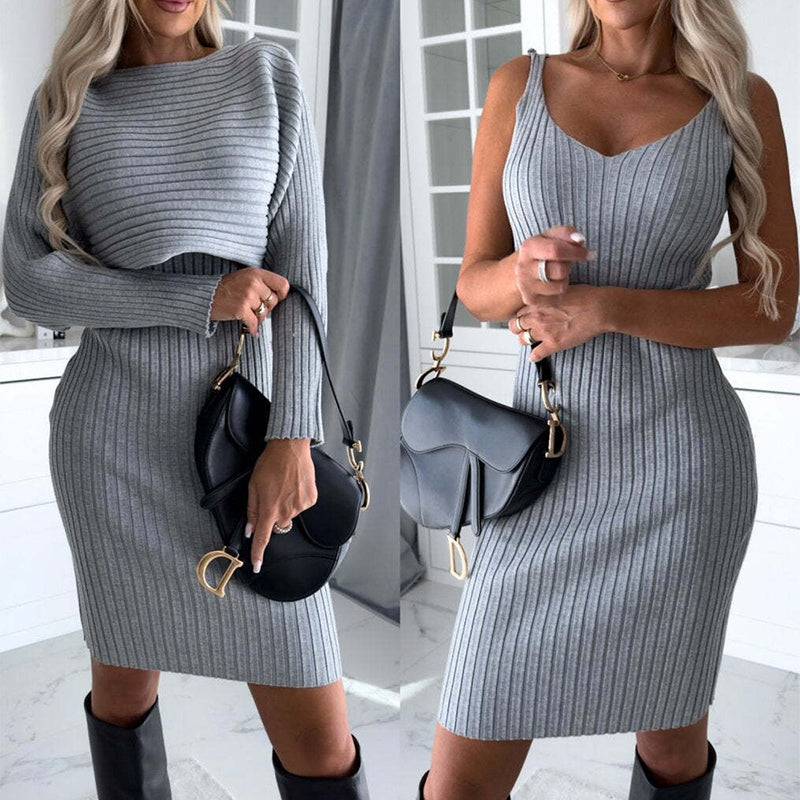 2pcs Suit Women's Solid Stripe Long-sleeved Top And Tight Suspender Skirt for  Autumn Winter - Masuh best bargains 