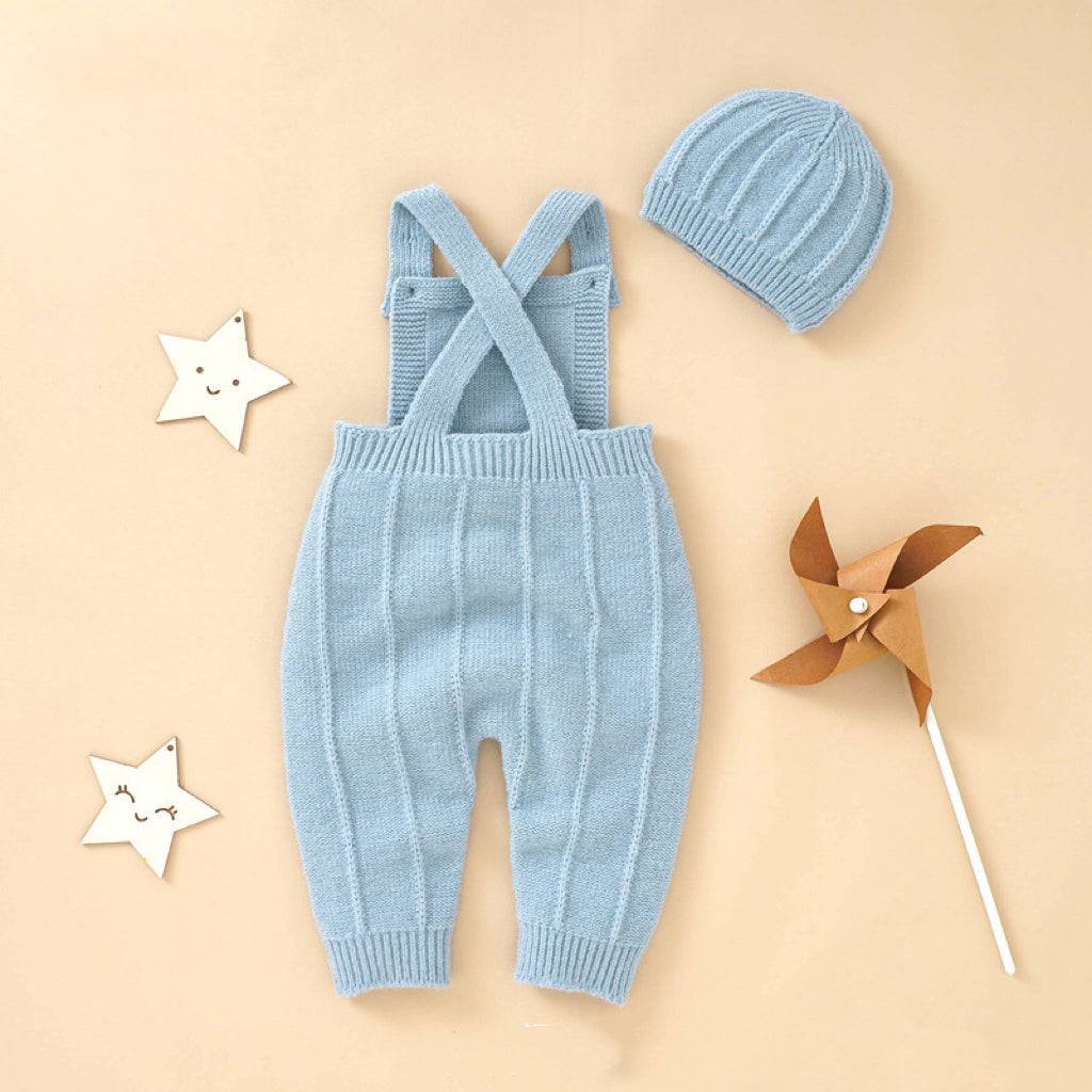 Baby Solid Color Knitted Sling Romper With Hat Sets - Masuh best bargains 