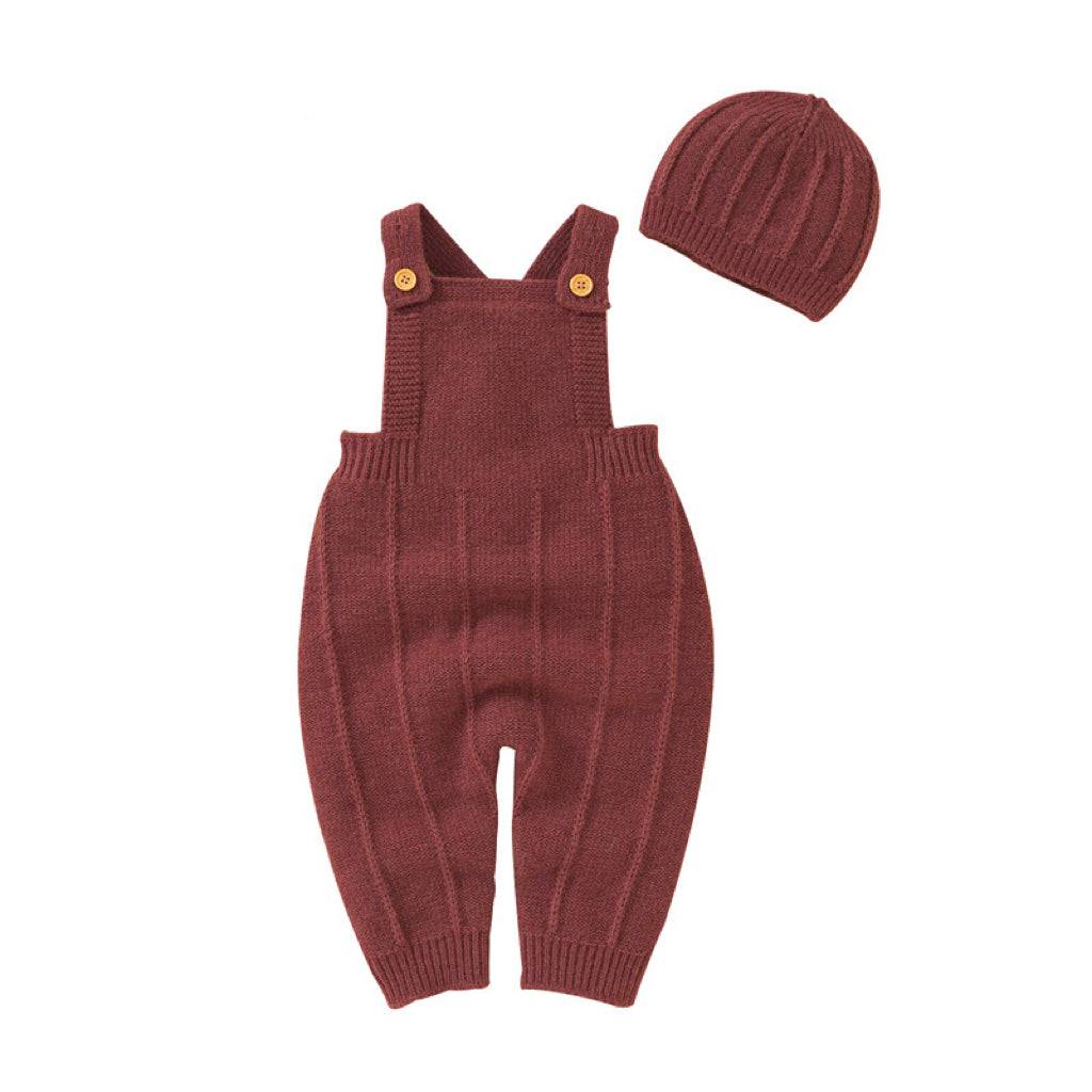 Baby Solid Color Knitted Sling Romper With Hat Sets - Masuh best bargains 