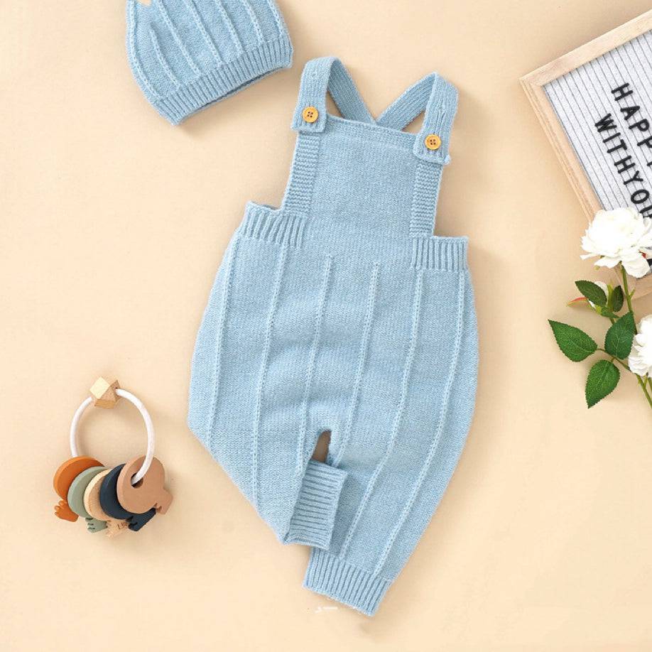 Baby Solid Color Knitted Sling Romper With Hat Sets - Masuh best bargains 